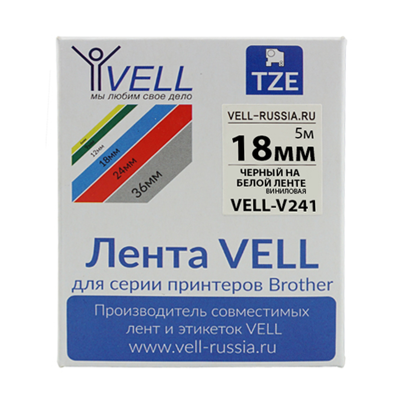 Фото Лента виниловая Vell V-241 (18 мм, черный на белом) для PT D450/D600/E300/2700/ P700/P750/E550/9700/P900/2430 {Vell-V241}
