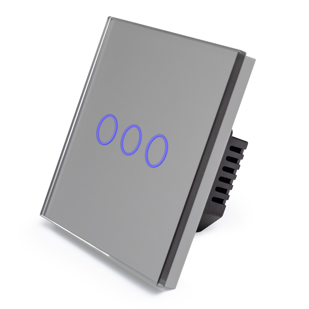 Фото Сенсорный выключатель с нулем, серый, трехклавишный, 1 пост, с Wi-Fi, с Алисой, стеклянная панель Vell {GY1P-3G-S} (1)