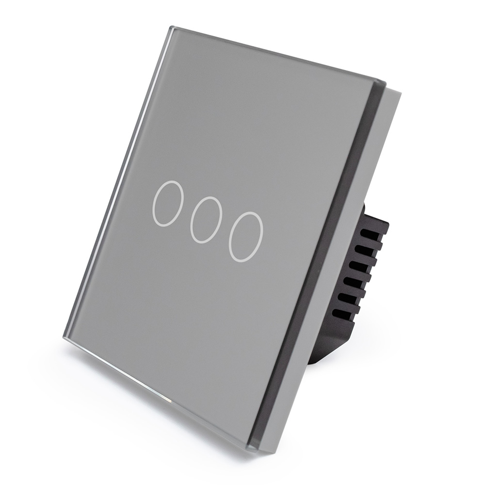 Фото Сенсорный выключатель с нулем, серый, трехклавишный, 1 пост, с Wi-Fi, с Алисой, стеклянная панель Vell {GY1P-3G-S}