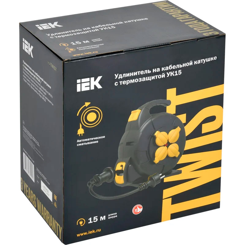Фото Удлинитель на катушке TWIST 4х15м с заземл. с крышк. автосмотка 16А IP44 КГ 3х1.5 IEK TW-KP27-16-04-15-44 (1)