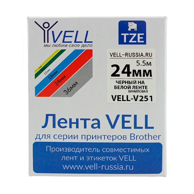 Фото Лента виниловая Vell V-251 (24 мм, черный на белом) для PT D600/2700/P700/P750/ PTE550/9700/P900 {Vell-V251}