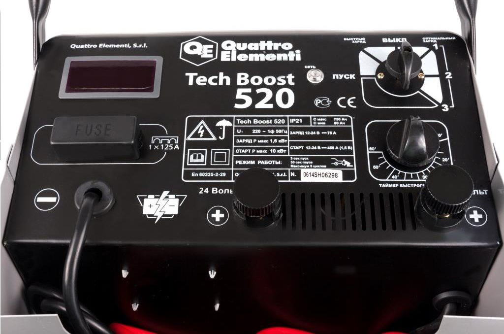 Фото Пуско-зарядное устройство Quattro Elementi Tech Boost 520 (12 / 24 Вольт, заряд до 75 А, пуск до 450 А, таймер, 26 кг) {771-466} (3)