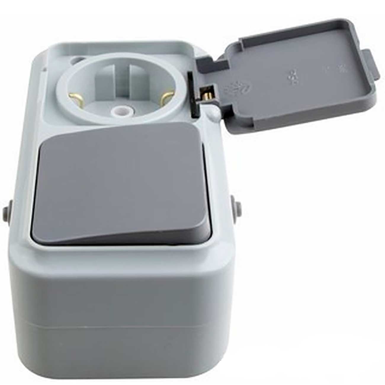 Фото Комбинированный выключатель Rexant одноклавишный с влагозащищенной розеткой, серый {78-0529} (1)