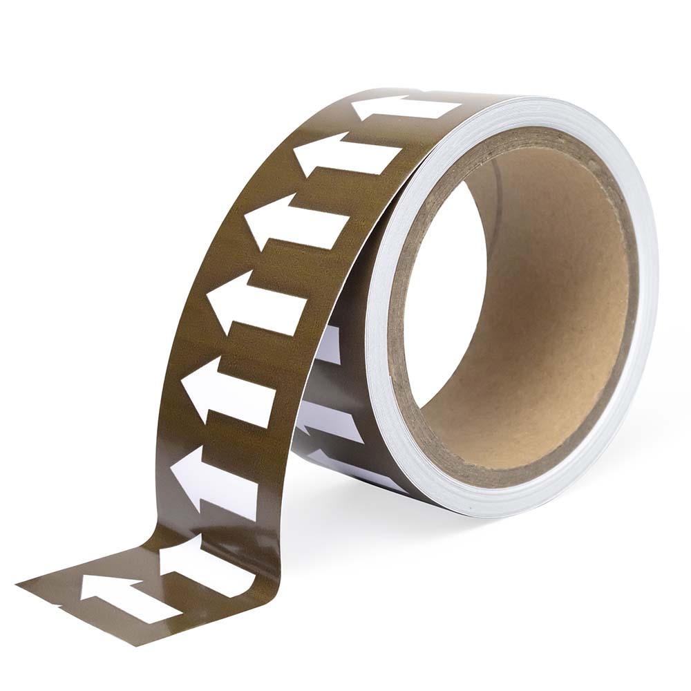 Фото Маркировочная лента Vell коричневая, со стрелками для маркировки трубопроводов «ЖИДКОСТЬ» 50 мм/10 м, {VL5010BR-A} (1)