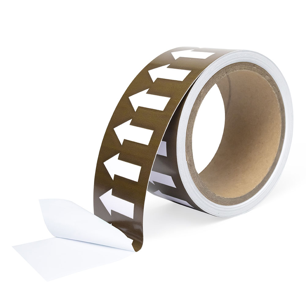 Фото Маркировочная лента Vell коричневая, со стрелками для маркировки трубопроводов «ЖИДКОСТЬ» 50 мм/10 м, {VL5010BR-A} (2)