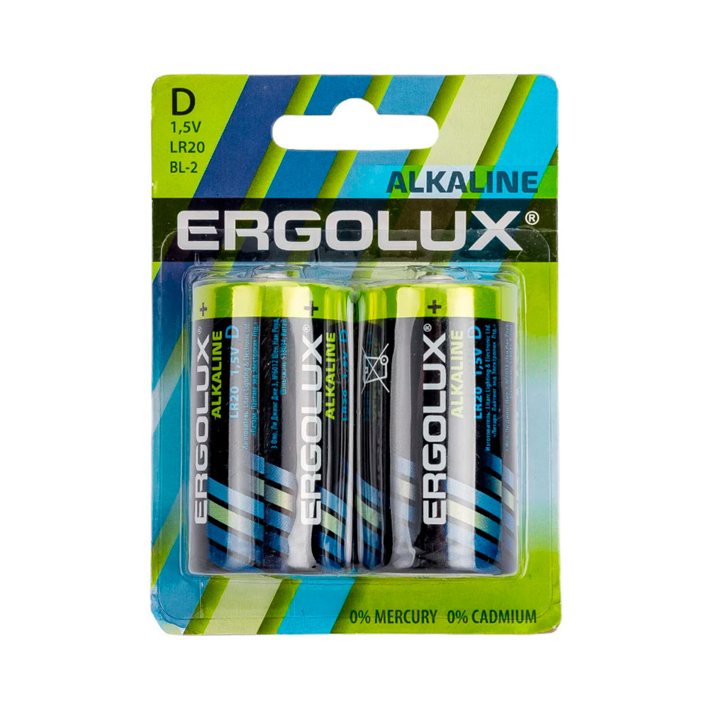 Фото Элемент питания алкалиновый LR20 BL-2 LR20 BL-2 1.5В Alkaline (блист.2шт) Ergolux 11752