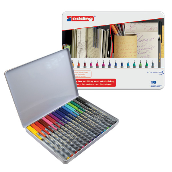 Фото Набор ручек капиллярных Edding для бумаги и картона, 0,3 мм, 16 цветов, металлическая коробка, ассорти {E-55#16S}