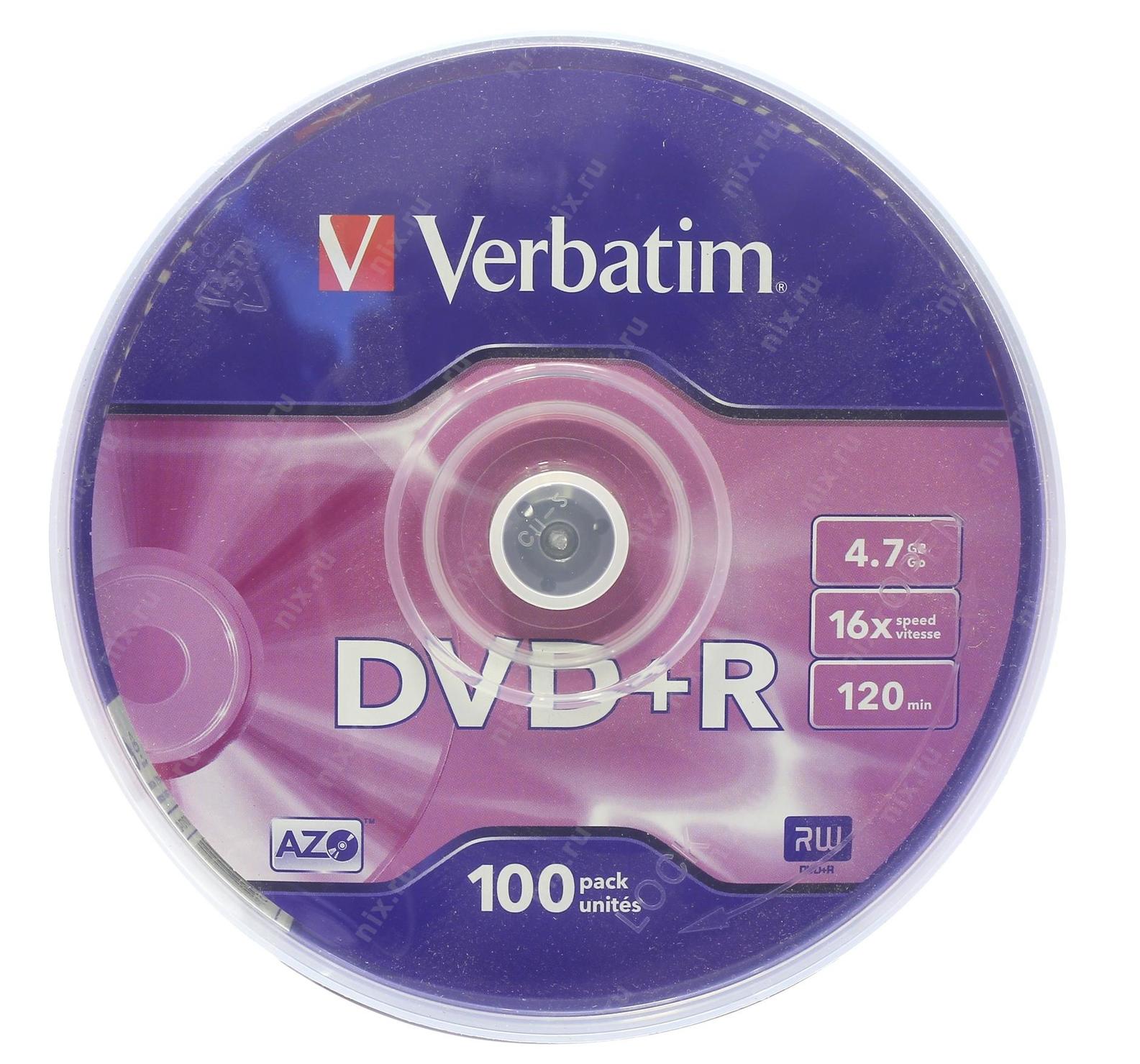 Фото Диск DVD+R Verbatim 4.7 Gb, 16x, Cake Box (100), (100/400) {43551} (1)
