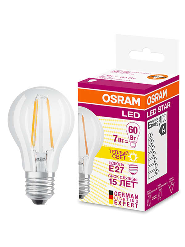 Фото Лампа светодиодная филаментная LED STAR CLASSIC A 60 7W/827 230V FIL E27 FS1 OSRAM 4058075055315 (1)