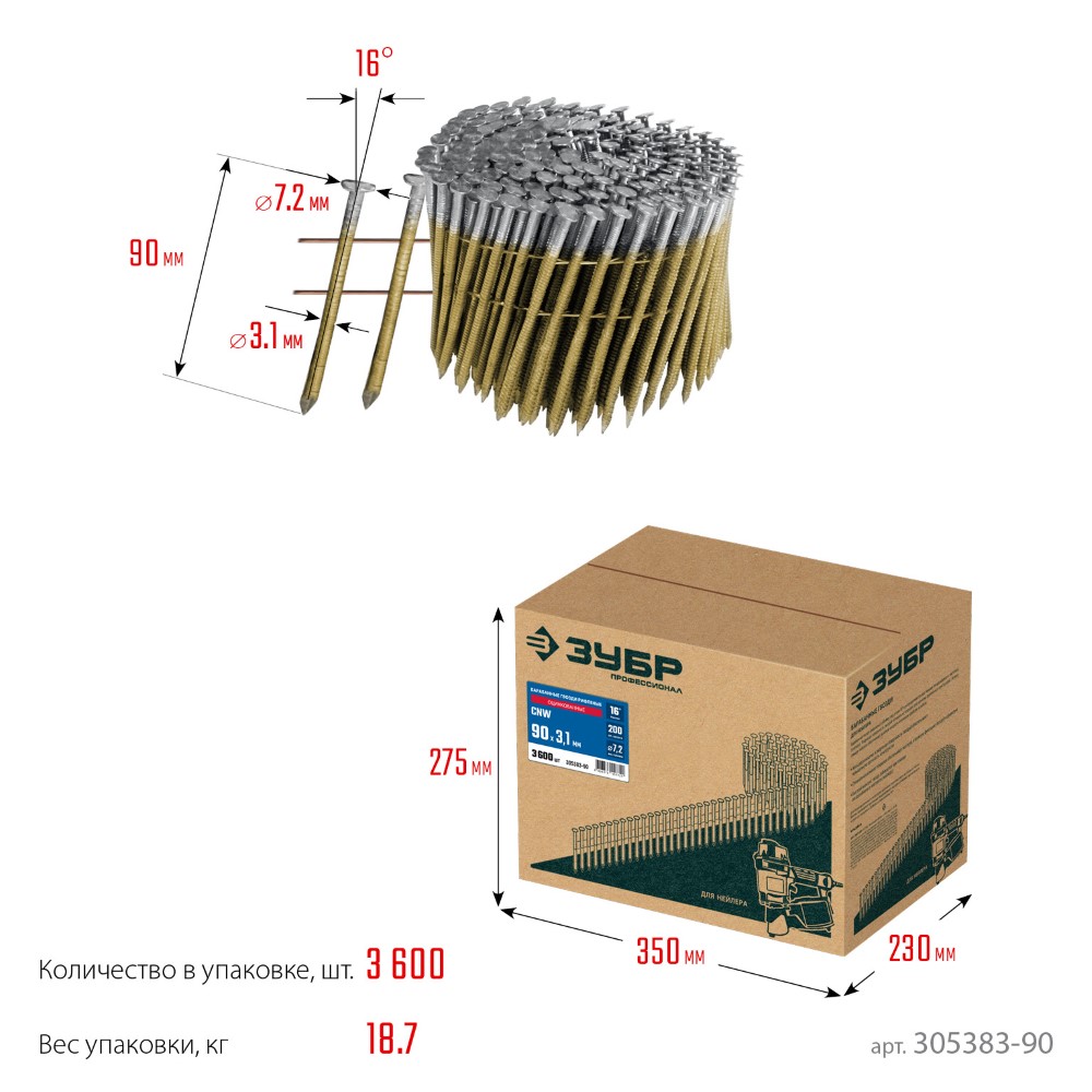 Фото Барабанные гвозди рифленые оцинкованные ЗУБР CNW 90 х 3.1 мм, 3600 шт {305383-90} (2)