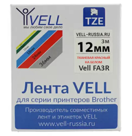 Фото Тканевая лента Vell TZE-FA3R (12 мм x 3 м, красный на белом) {Vell-FA3R}