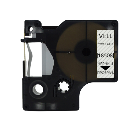Фото Лента Vell VL-D-18508 (полиэстер, 9 мм x 5.5 м, черный на прозрачном) (1)