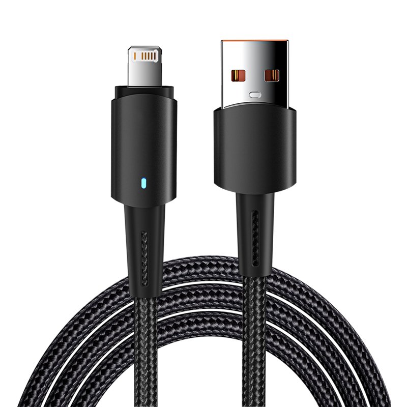 Фото Кабель USB-A – Lightning для Apple, 2,4А, 1м, в черной нейлоновой оплетке, со световой индикацией REXANT {18-7058}
