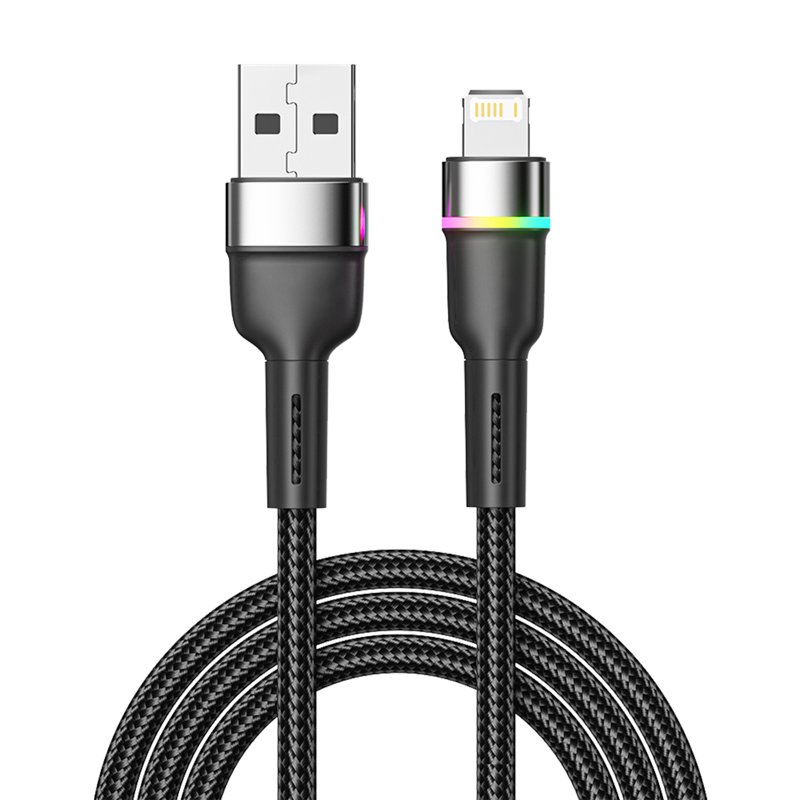 Фото Кабель USB-A – Lightning для Apple, 2,4А, 1м, в черной нейлоновой оплетке, с LED подсветкой REXANT {18-7059}