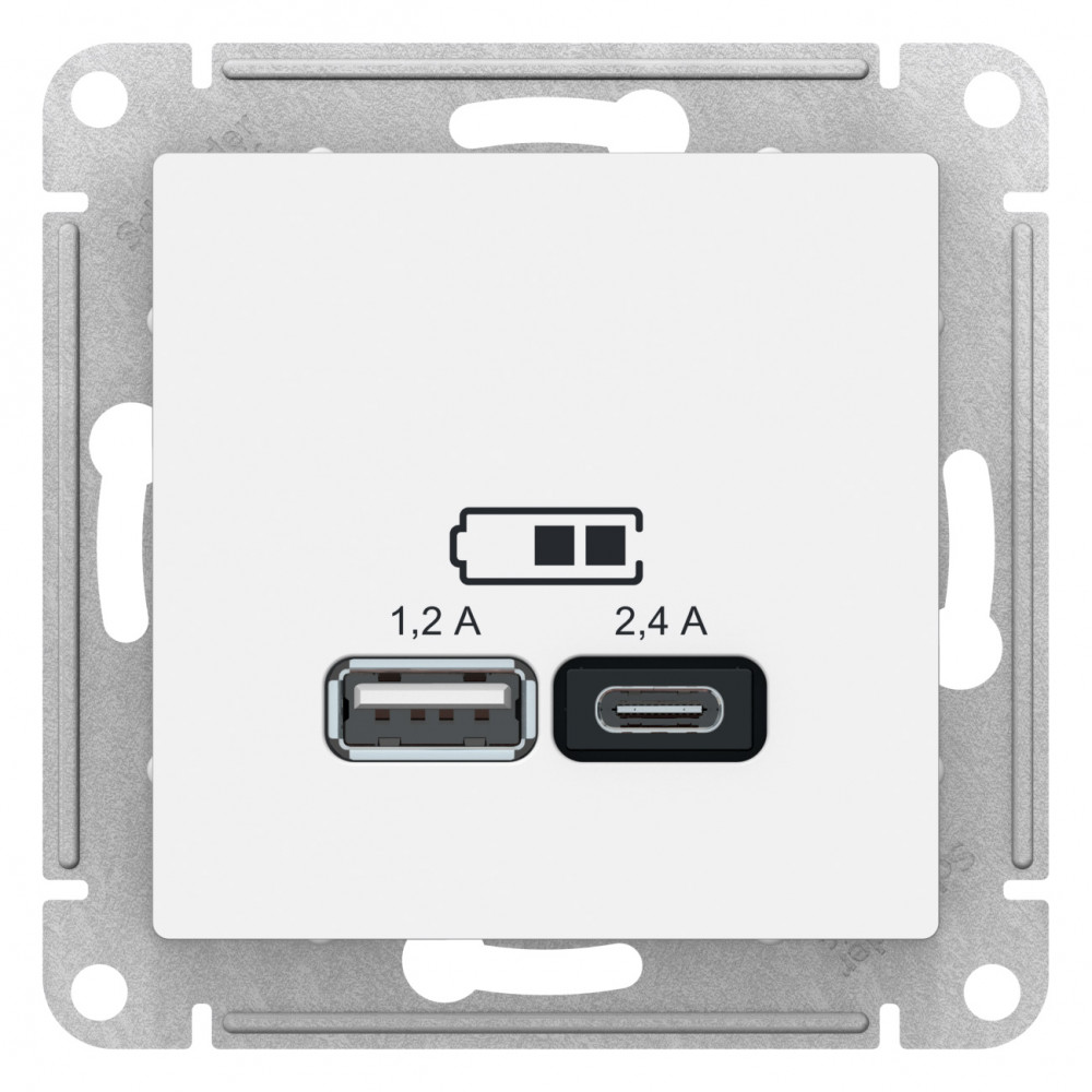 Фото USB розетка ATLASDESIGN A+с, 5в/2,4 а, 2х5в/1,2 а, механизм, белый {ATN000139}