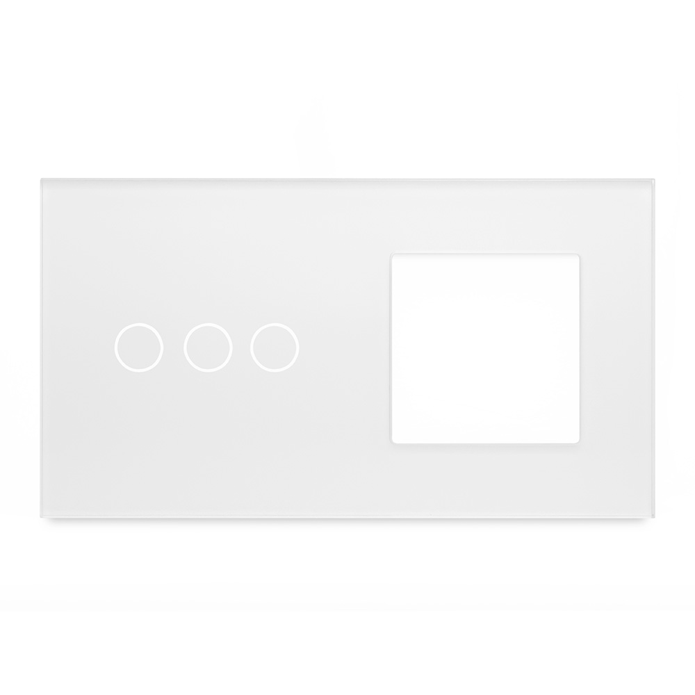 Фото Рамка для сенсорного выключателя с гнездом, белый, 2 поста, 3 кнопки + 1 гнездо, стекло, модуль, Vell {WH2P-3G-GL}