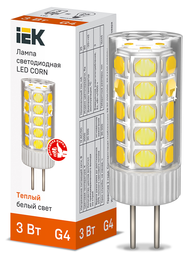 Фото IEK Лампа LED CORN капсула 3Вт 12В 3000К керамика G4 {LLE-CORN-3-012-30-G4}