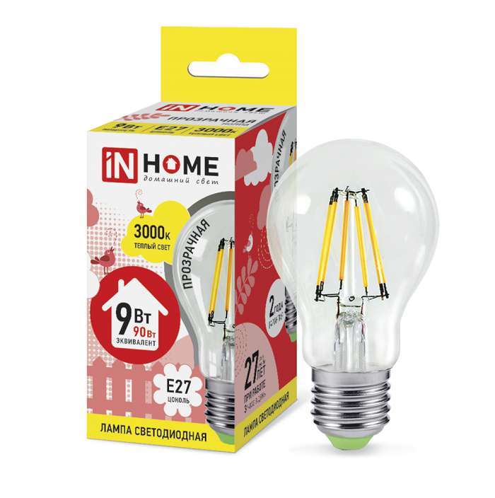 Фото Лампа светодиодная LED-A60-deco 9Вт грушевидная 230В E27 3000К 810лм прозр. IN HOME 4690612008066