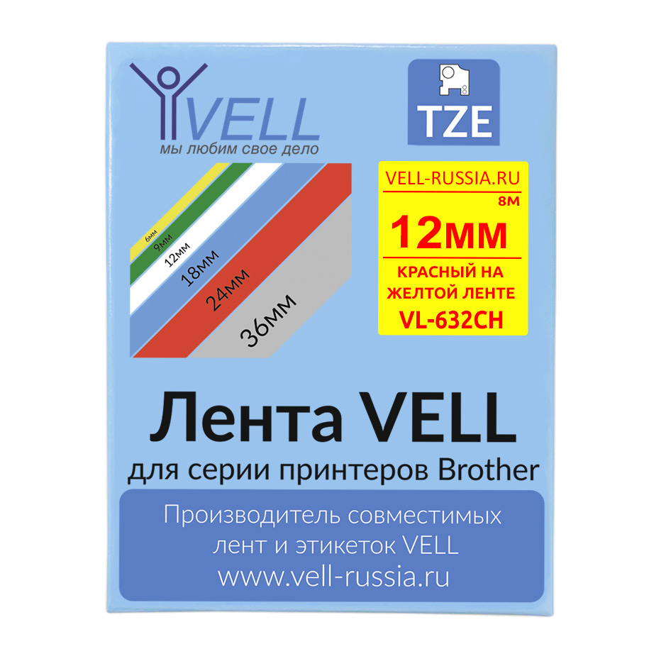 Фото Лента Vell VL-632CH (с чипом, 12 мм, красный на желтом) для Puty PT-100E/100ECH/Brother D200/E110/ D600/E300/2700/ P700/E550/P900 {Vell-632CH}