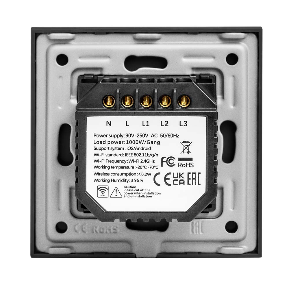 Фото Сенсорный выключатель с нулем, черный, трехклавишный, 1 пост, с Wi-Fi, с Алисой, стеклянная панель Vell {BK1P-3G-S} (2)