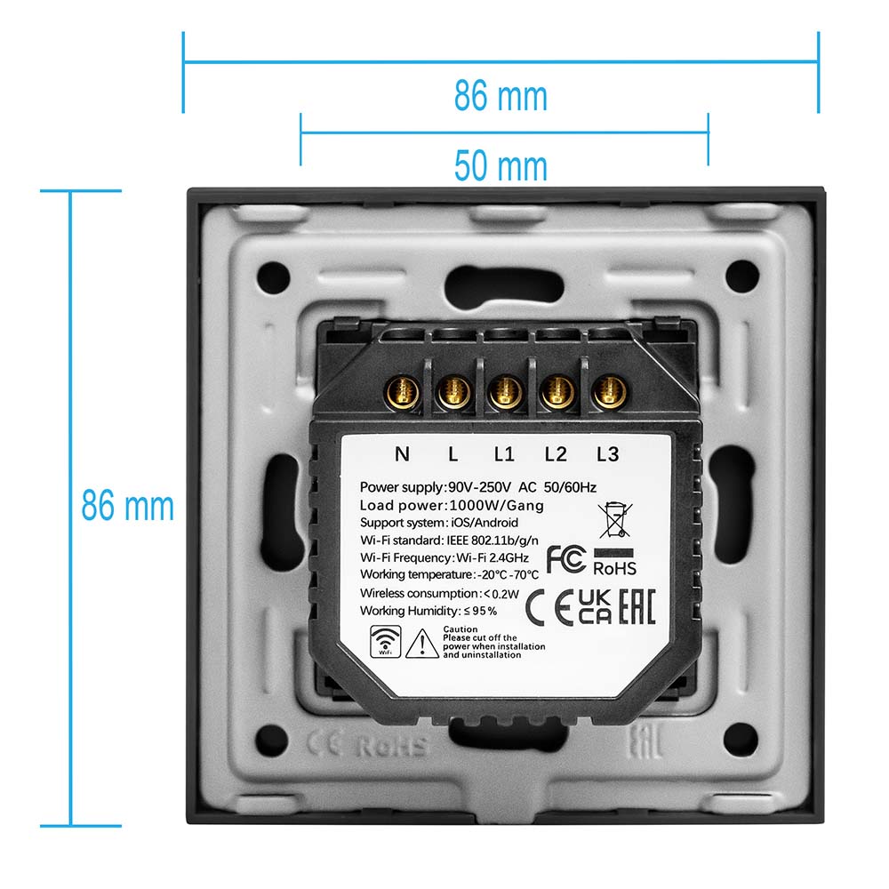 Фото Сенсорный выключатель с нулем, черный, трехклавишный, 1 пост, с Wi-Fi, с Алисой, стеклянная панель Vell {BK1P-3G-S} (3)