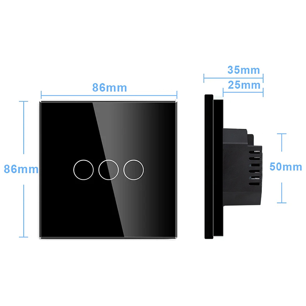 Фото Сенсорный выключатель с нулем, черный, трехклавишный, 1 пост, с Wi-Fi, с Алисой, стеклянная панель Vell {BK1P-3G-S} (4)