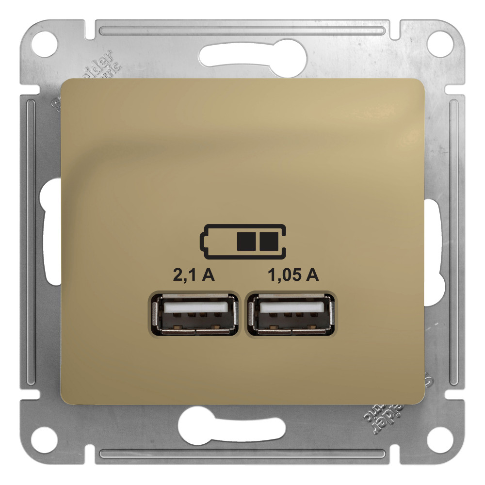 Фото USB розетка A+A GLOSSA, 5в/2,1 а, 2х5в/1,05 а, механизм, титан {GSL000433}