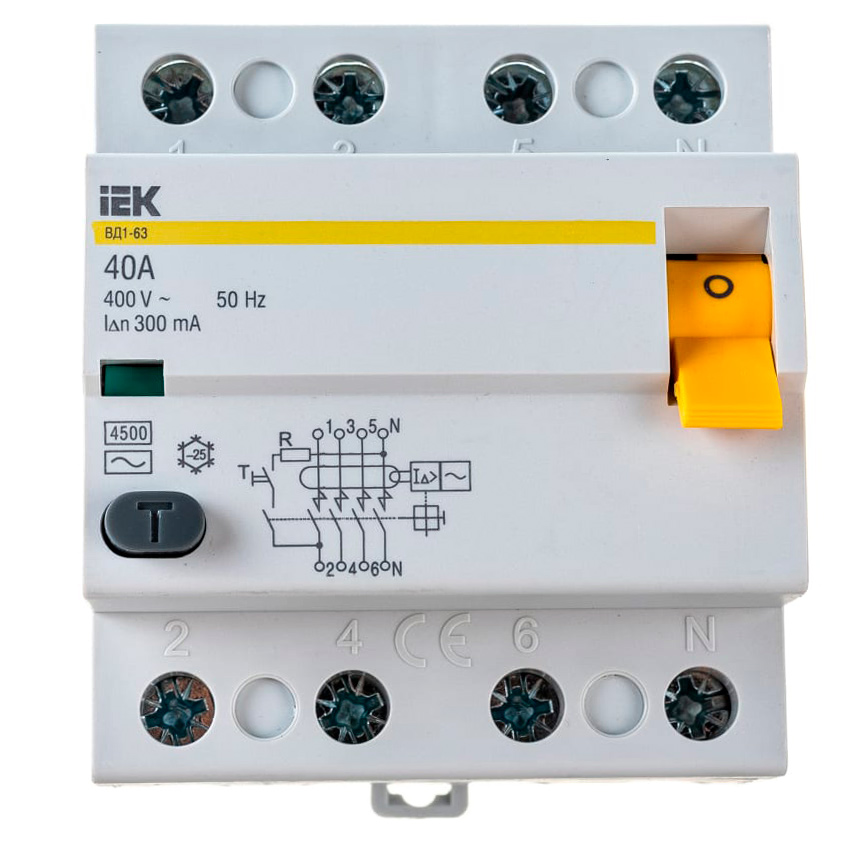 Фото Выключатель дифференциального тока (УЗО) 4п 40А 100мА тип AC ВД1-63 IEK MDV10-4-040-100