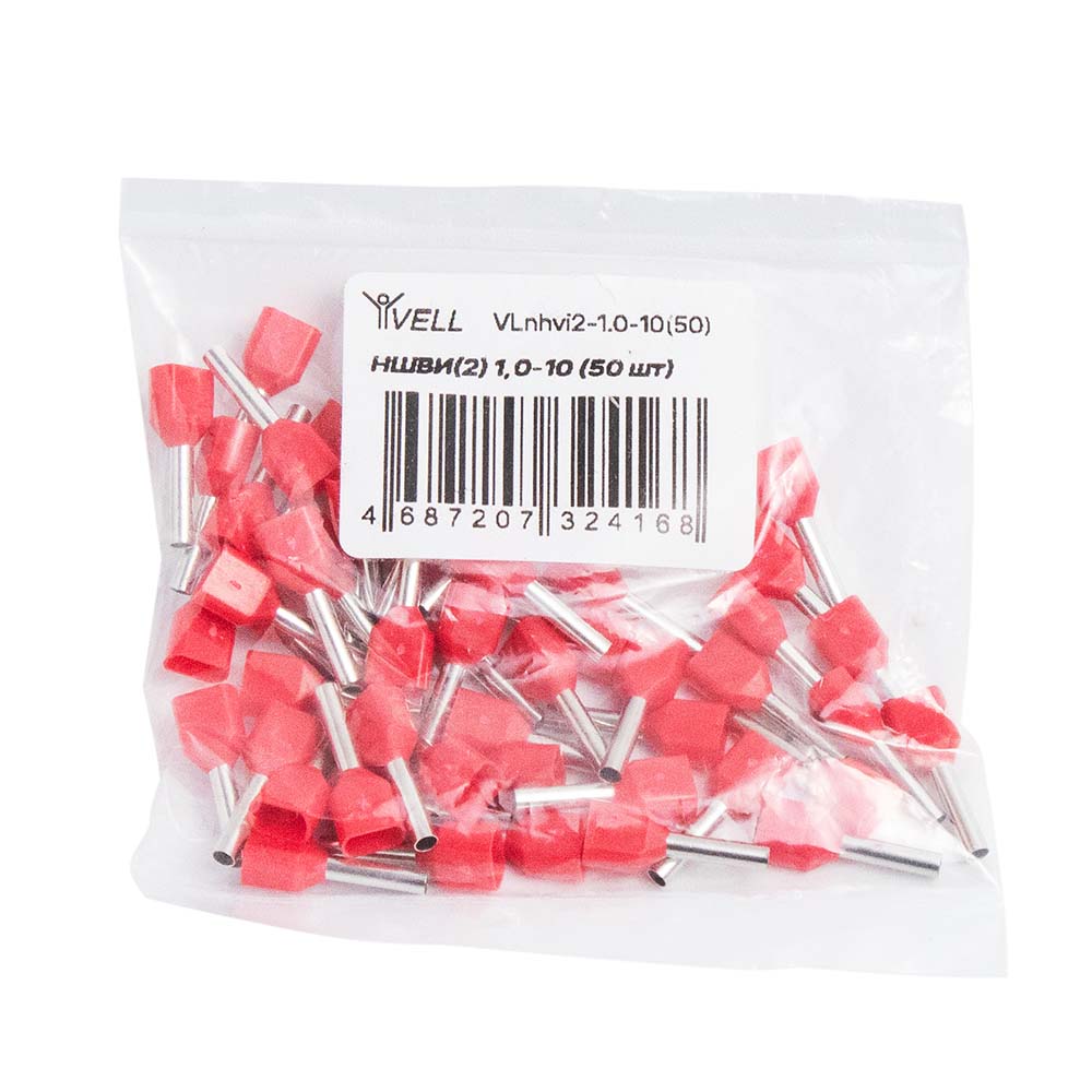 Фото Наконечник штыревой втулочный изолированный Vell, НШВИ(2) 2×1,0-10, 50 шт {VLnhvi2-1.0-10(50)} (2)
