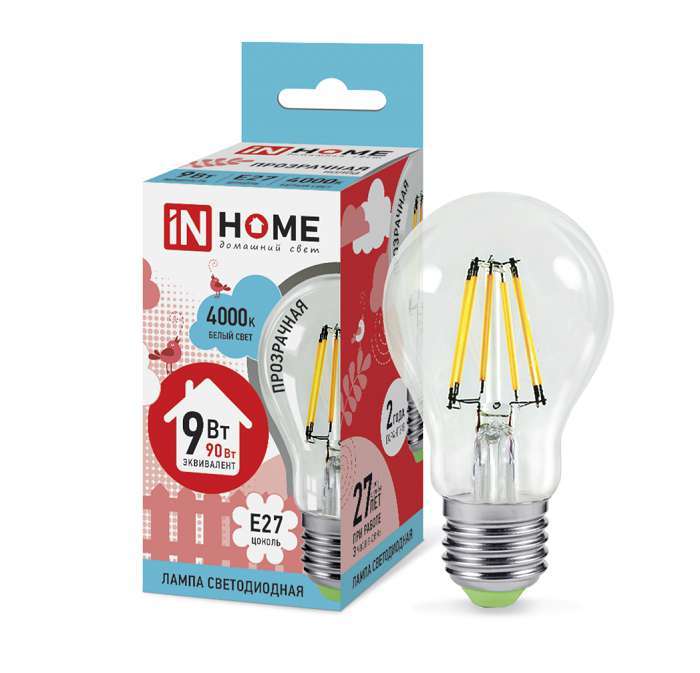 Фото Лампа светодиодная LED-A60-deco 9Вт грушевидная 230В E27 4000К 810лм прозр. IN HOME 4690612008073