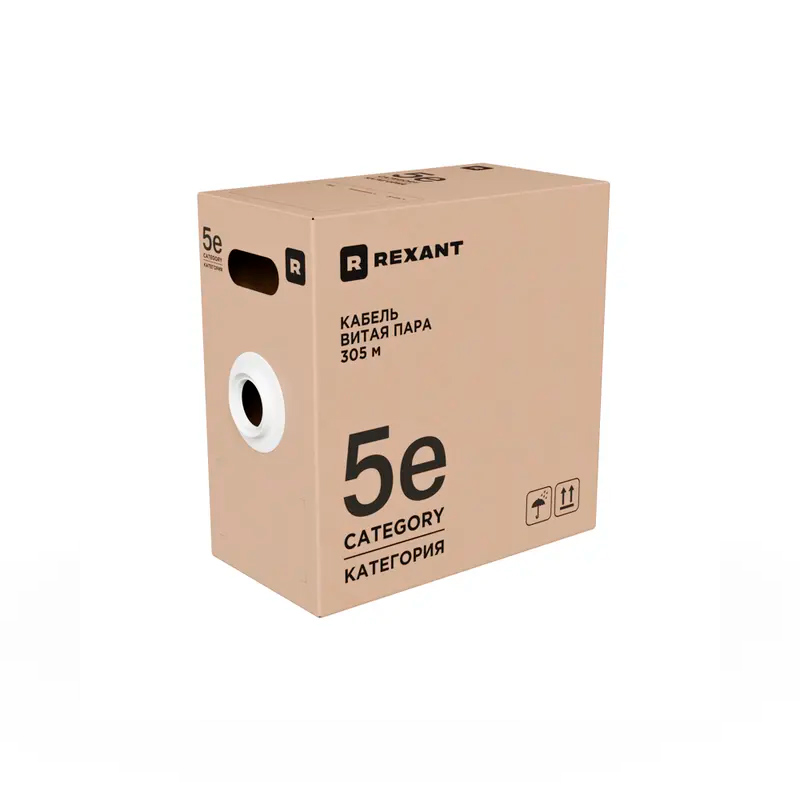 Фото Кабель витая пара F/UTP, CAT 5e, PVC, 4x2x0,52 мм, 24AWG, INDOOR, SOLID, серый, 305м, РФ REXANT {02-0025-R}