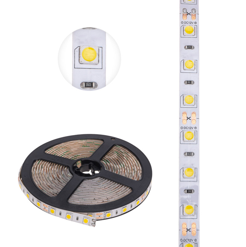 Фото Лента светодиодная 12В, SMD5050, 14,4Вт/м, 60 LED/м, 2700К, 10мм, 5м, для БП с клеммами, IP65 LAMPER {141-2028}