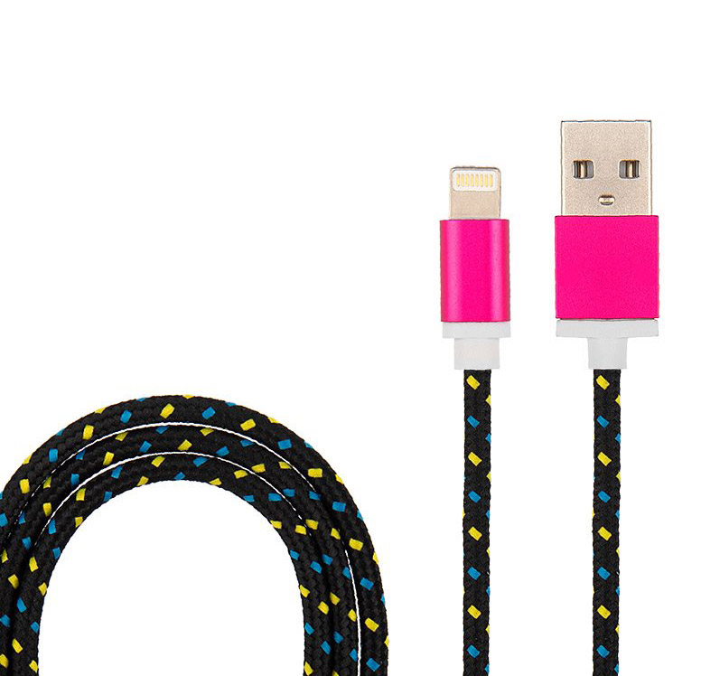 Фото USB кабель для iPhone 5/6/7 моделей, шнур в тканевой оплетке черный REXANT {18-4245}