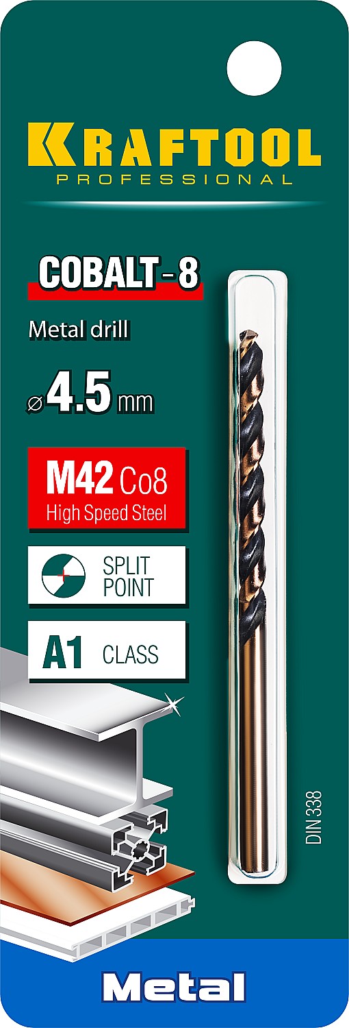 Фото KRAFTOOL COBALT 4.5 х80мм, Сверло по металлу HSS-Co(8%) , сталь М42(S2-10-1-8) {29656-4.5}