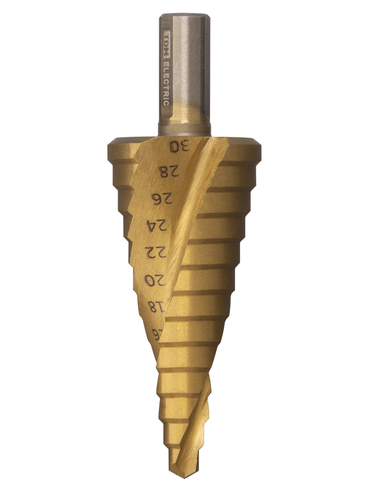 Фото Сверло по металлу ступенчатое, 6-30 мм, 13 ступеней, нитрид., HSS, цилиндр. хв., "Рубин" TDM {SQ1090-0715} (2)