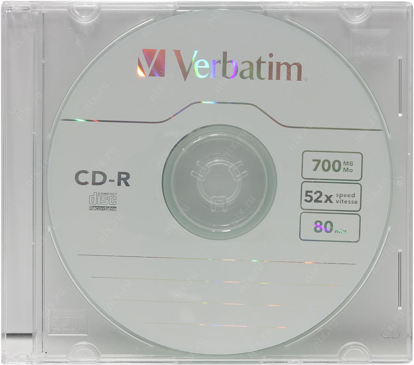 Фото Диск CD-R Verbatim 700 Mb, 52x, Slim Case (1), DL (1/200) {43347} (1)