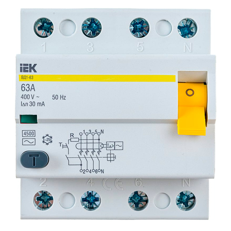 Фото Выключатель дифференциального тока (УЗО) 4п 63А 30мА тип AC ВД1-63 IEK MDV10-4-063-030