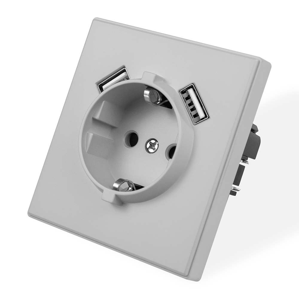 Фото Розетка электрическая, светло-серая, 1 пост, USB-A, USB-A, с рамкой Vell Air {V702084}