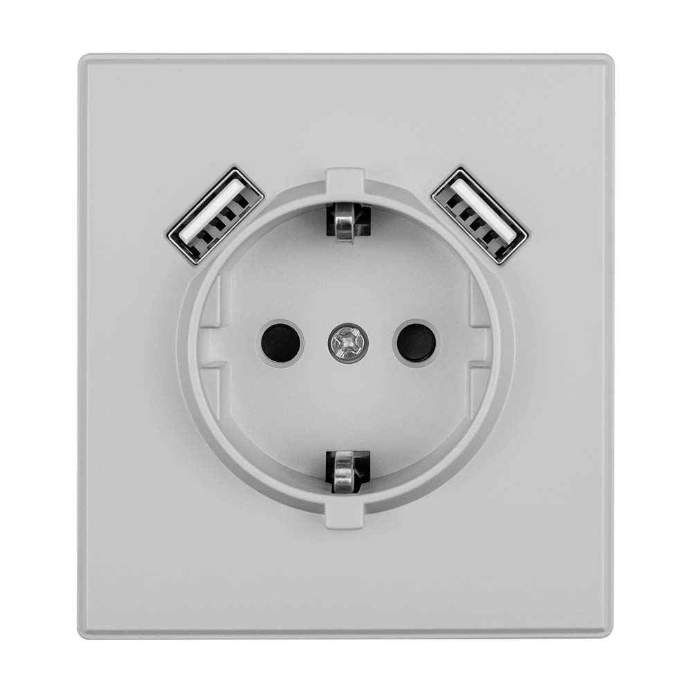 Фото Розетка электрическая, светло-серая, 1 пост, USB-A, USB-A, с рамкой Vell Air {V702084} (1)
