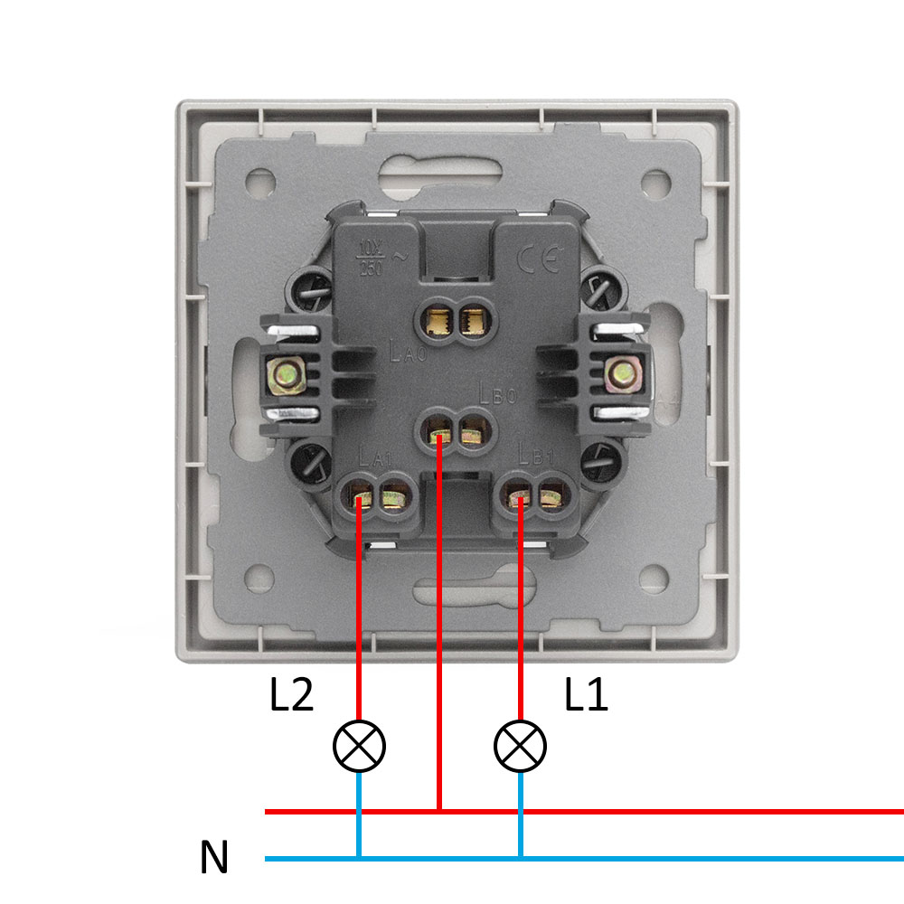 Фото Выключатель серый, двухклавишный, 1 пост, с тонкой пластиковой рамкой Vell {GY1P-2L-Grand} (2)