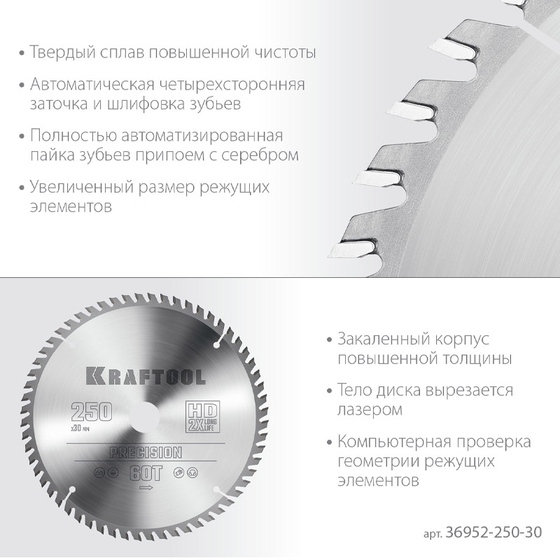 Фото Пильный диск по дереву KRAFTOOL Precision, 250 х 30 мм, 60Т {36952-250-30} (2)