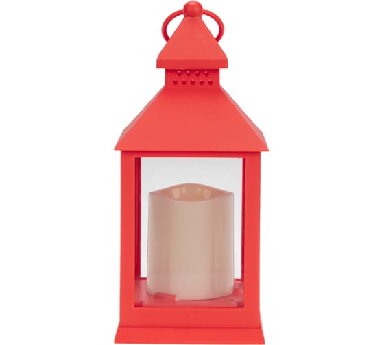 Фото Декоративный фонарь со свечкой, красный корпус, размер 10,5х10,5х24см, цвет теплый белый {513-059} (1)