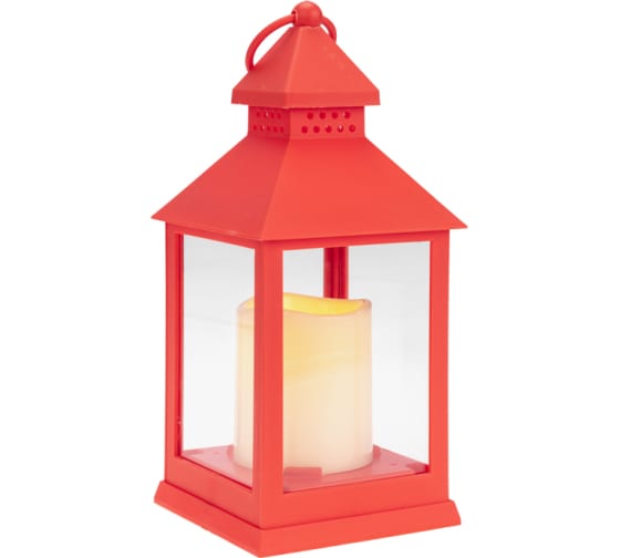 Фото Декоративный фонарь со свечкой, красный корпус, размер 10,5х10,5х24см, цвет теплый белый {513-059} (2)