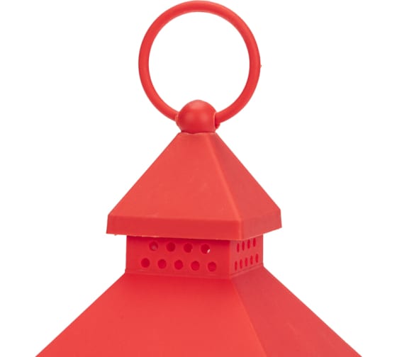 Фото Декоративный фонарь со свечкой, красный корпус, размер 10,5х10,5х24см, цвет теплый белый {513-059} (3)