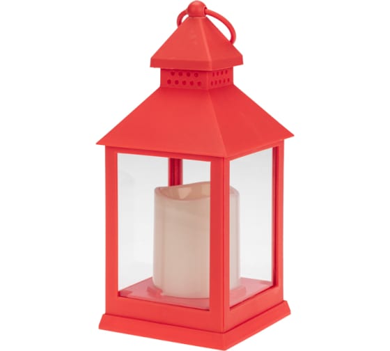 Фото Декоративный фонарь со свечкой, красный корпус, размер 10,5х10,5х24см, цвет теплый белый {513-059}