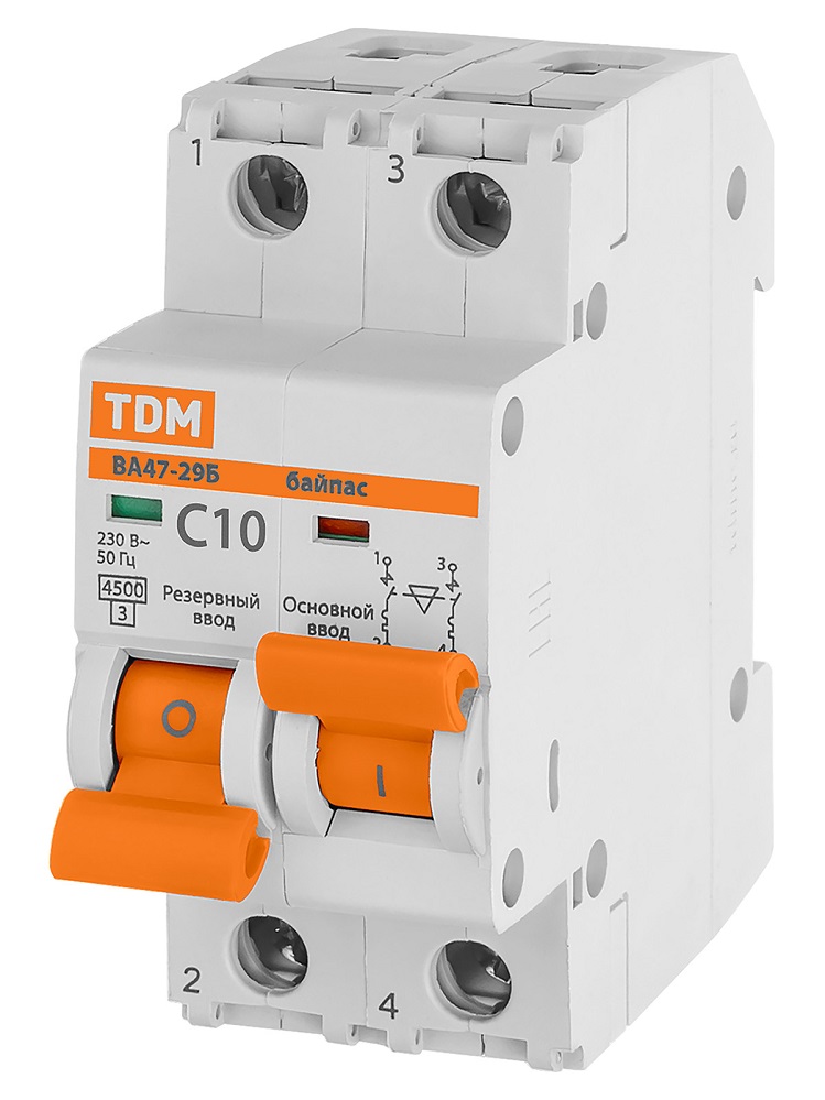 Фото Автоматический выключатель TDM с мех. блок. (байпас) ВА47-29Б 1Р+1Р 10А 4,5кА х-ка C TDM {SQ0206-0415}