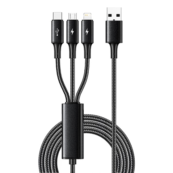 Фото Кабель USB 3в1 Type-С (6A), Lightning (2,4A), micro USB (3A) 1,2м, в черной оплетке, со световой индикацией REXANT {18-7075}