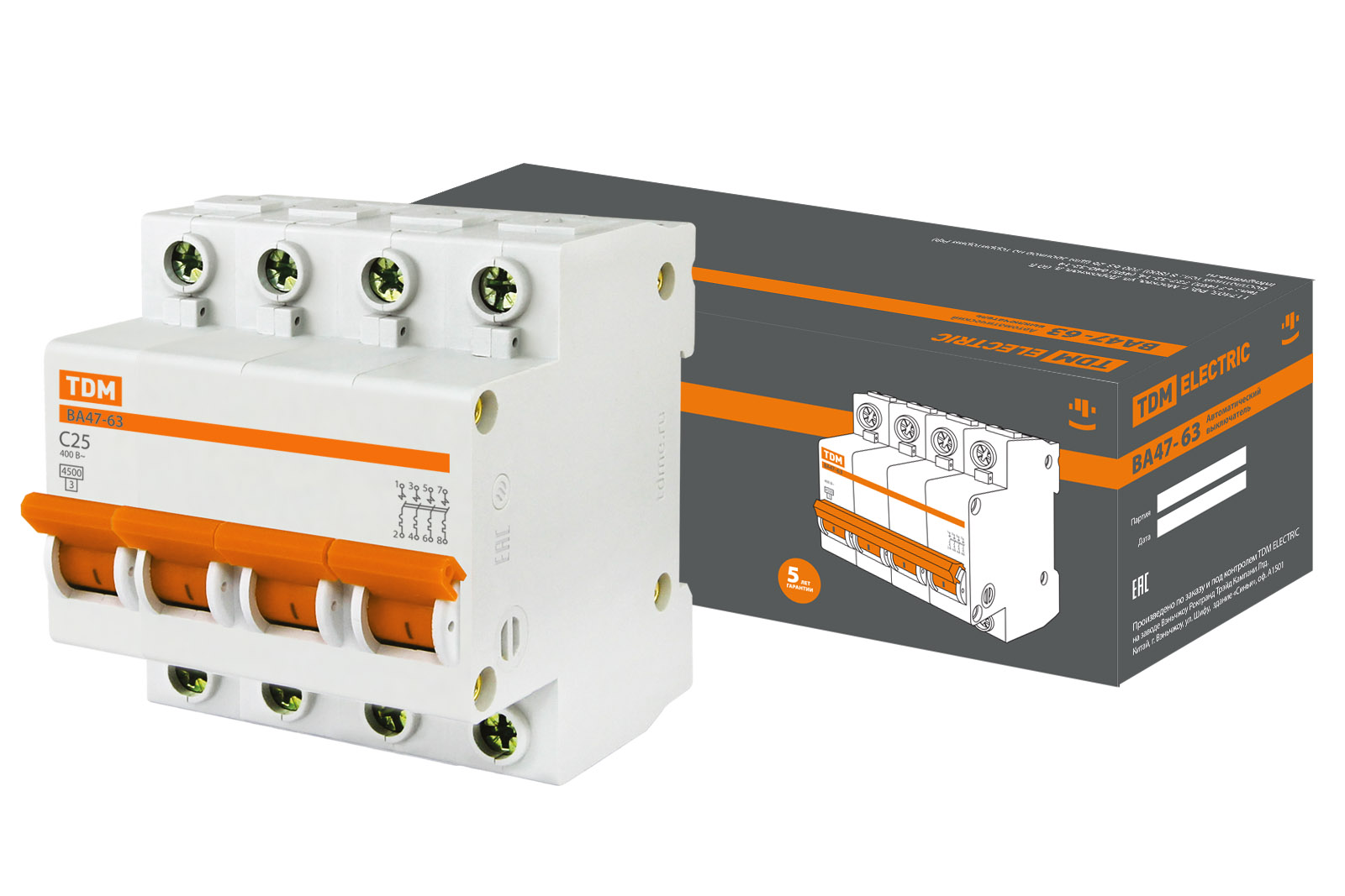 Фото Автоматический выключатель ВА47-63 4P 25А 4,5кА х-ка С TDM {SQ0218-0032}