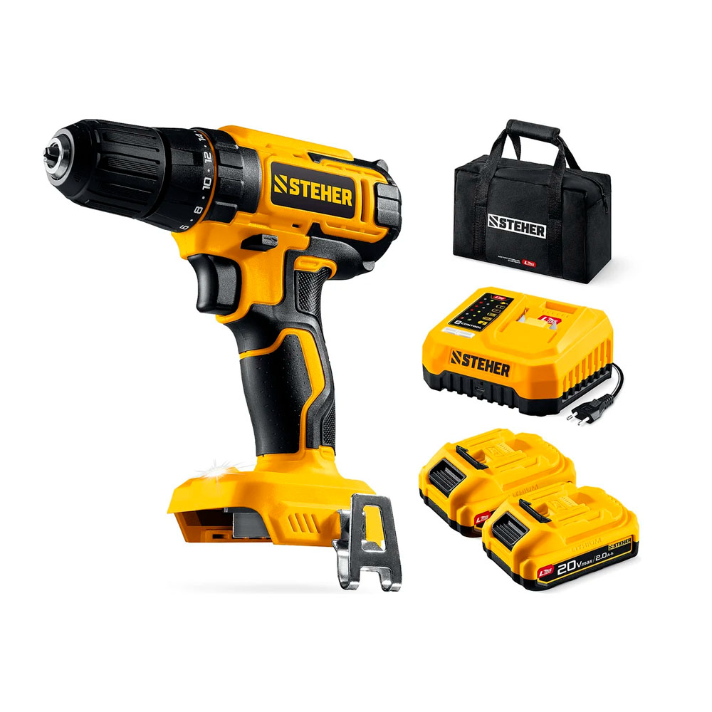 Фото Дрель-шуруповерт, 40 Н·м, 2 АКБ LMS {2 А·ч}, 20 В, сумка, STEHER {CD-40-22} (1)