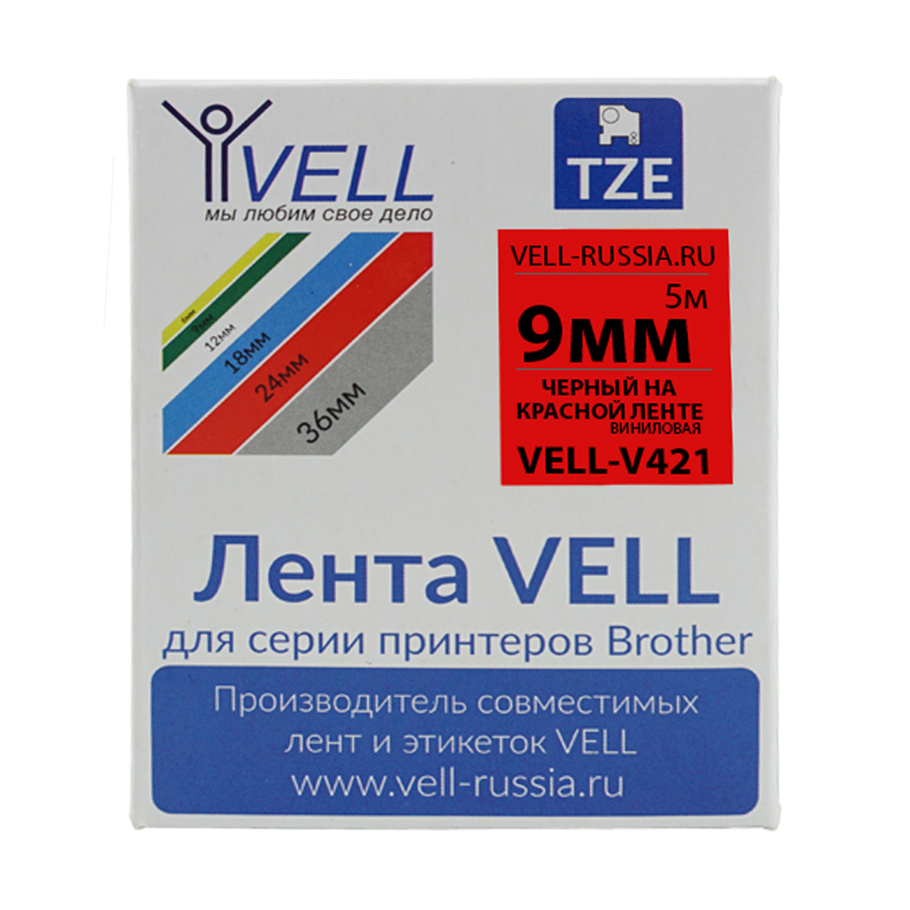 Фото Лента виниловая Vell V-421 (9 мм, черный на красном) для PT 1010/1280/D200/H105/E100/ D600/E300/2700/ P700/E550/9700 {Vell-V421}